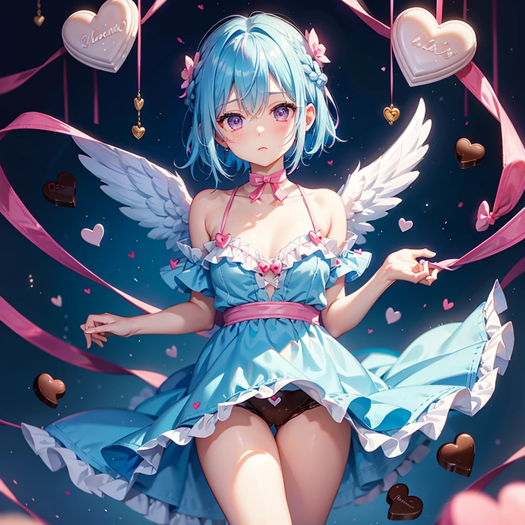 Sky blue hair、Braided Short Hair、Pink Eyes、Fair skin、whole body、One person、shy、Lots of hearts in the background、(Heart-shaped chocolate)、(Chocolate Angel)、Valentine&#39;s Day、masterpiece、Highest quality、Very detailed、Best Shadow、Detailed Background、Beautifully detailed face、High Contrast、Best lighting、Very delicate and beautiful、Cinematic Light、Hyper Detail、8k、Dramatic Light、Exquisite detail、