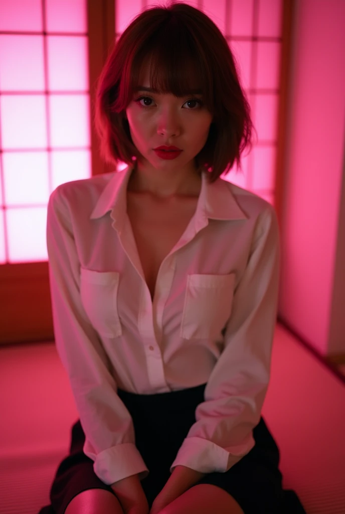 ((Japanese actress)) Woman ((Plump, Red lips with lipstick)) Big Brrt brown hair with bangs)) ((Looking into the camera)) Sit with your legs apart ((White button-up shirt alack skirt)) 、Show off your lace panties、 Low angle sh person standing facing forward Looking down ((A bedroom with shoji screens and tatami tatami lit up with pink neon lights)) 、Nipples、Wet lips、