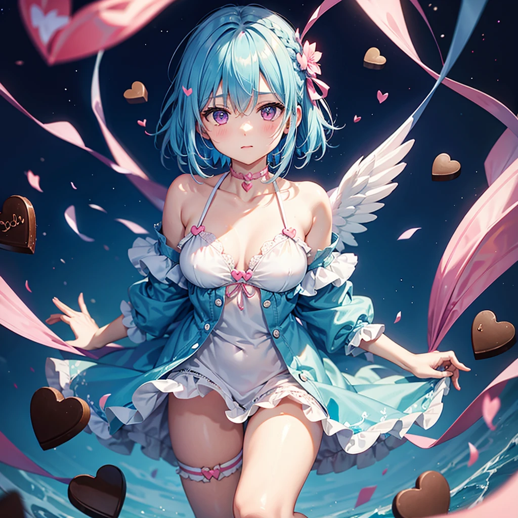 Sky blue hair、Braided Short Hair、Pink Eyes、Fair skin、whole body、One person、shy、Lots of hearts in the background、(Heart-shaped chocolate)、(Chocolate Angel)、Valentine's Day、masterpiece、Highest quality、Very detailed、Best Shadow、Detailed Background、Beautifully detailed face、High Contrast、Best lighting、Very delicate and beautiful、Cinematic Light、Hyper Detail、8k、Dramatic Light、Exquisite detail、