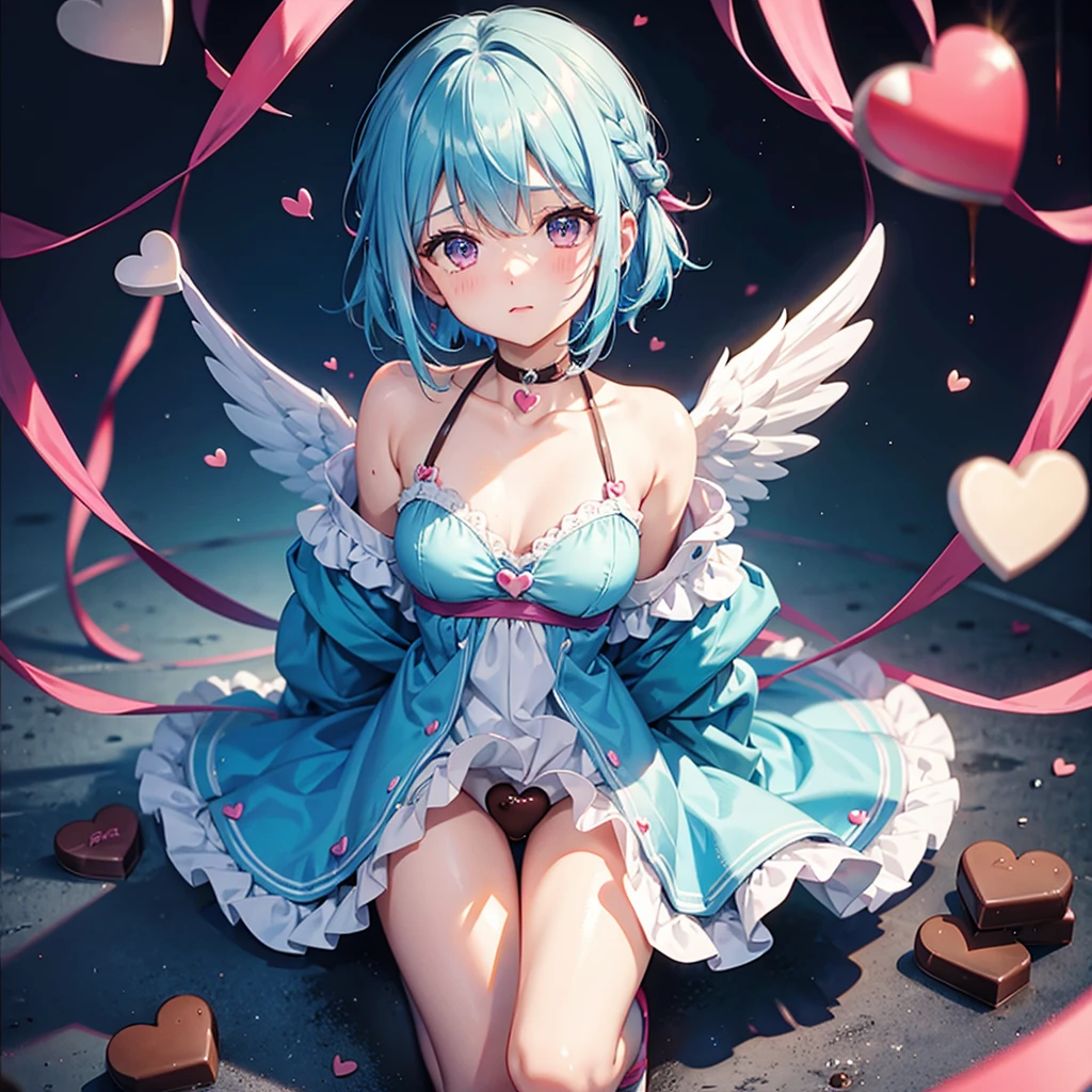 Sky blue hair、Braided Short Hair、Pink Eyes、Fair skin、whole body、One person、shy、Lots of hearts in the background、(Heart-shaped chocolate)、(Chocolate Angel)、Valentine&#39;s Day、masterpiece、Highest quality、Very detailed、Best Shadow、Detailed Background、Beautifully detailed face、High Contrast、Best lighting、Very delicate and beautiful、Cinematic Light、Hyper Detail、8k、Dramatic Light、Exquisite detail、