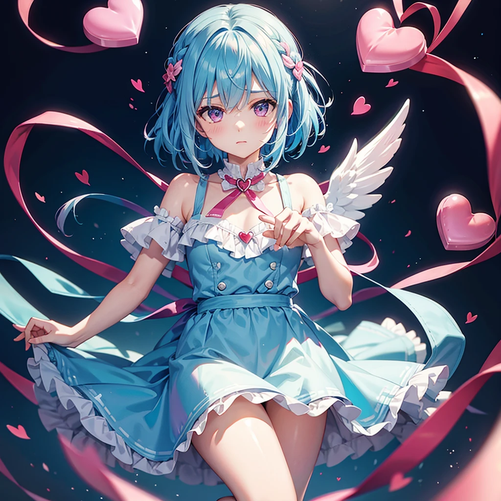 Sky blue hair、Braided Short Hair、Pink Eyes、Fair skin、whole body、One person、shy、Lots of hearts in the background、(Heart-shaped chocolate)、(Chocolate Angel)、Valentine&#39;s Day、masterpiece、Highest quality、Very detailed、Best Shadow、Detailed Background、Beautifully detailed face、High Contrast、Best lighting、Very delicate and beautiful、Cinematic Light、Hyper Detail、8k、Dramatic Light、Exquisite detail、