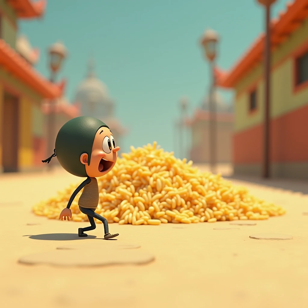 3d animation style 
Billu cautiously moving toward the rice, unaware of the hidden pit.