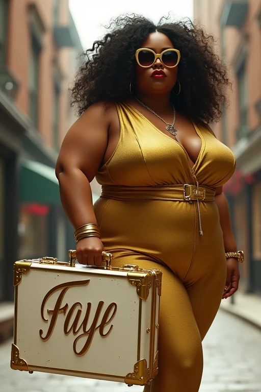 Create chubby girl wearing Mafia style wearing gold and white combination and curly hair, sunglasses and handle a suitcase name "Faye"3rd curve style on it be careful to the spelling of each letter on it