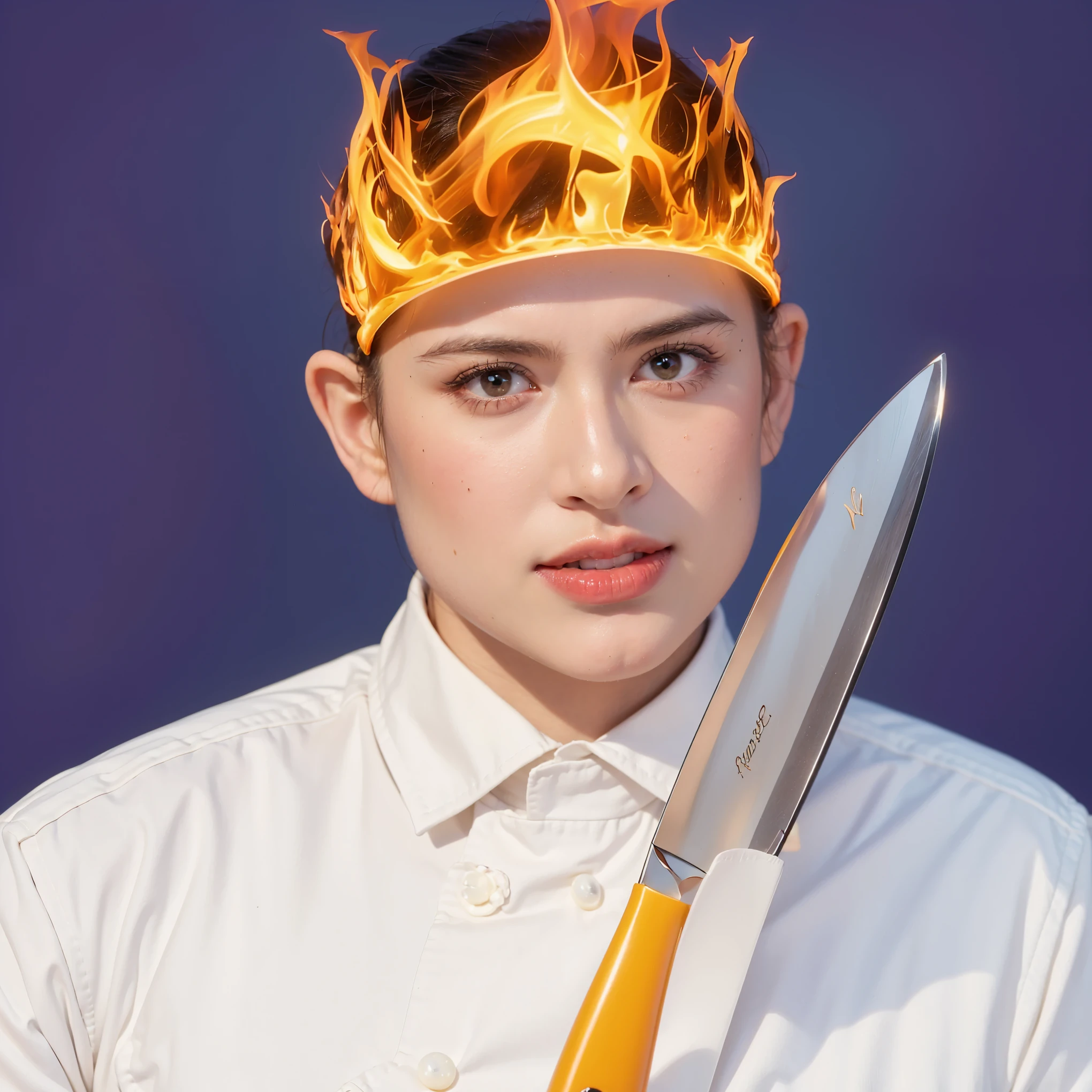 This compelling image features a young man dressed in a crisp white shirt, his hands gloved in red, clutching a large chef's knife. The most striking element is the fiery crown of orange and yellow flames atop his head, suggesting intensity and a perhaps volatile nature. His face, marked with a serious expression, hints at focus or determination, possibly in a culinary or metaphorical context involving passion and energy. The bold contrast of the blue background enhances the vibrancy of the flames and the vividness of the red gloves, creating a dynamic visual metaphor. The purple background complements the costume, creating a vibrant and engaging scene. (glossy plastic texture with multiple big light probe refractions), perfect cgi, smooth silhouette, high intensity refraction, (super glossy plastic material), most beautiful vfx, , realistic, 4k, high resolution, rim light, smooth 3d model, multiple light sources, rim light, sharp post effects render,, realistic, 4k, high resolution, rim light detailed digital art, reflective, best quality, 4k, masterpiece:1.2, ultra-detailed, realistic, vivid colors, The image of the highest quality, ensuring every detail showcased perfectly. It in 4k resolution, allowing viewers to immerse themselves in the richness of the colors and intricate details. The realistic rendering. under the spotlight, reflecting, high-resolution image, realistic rendering