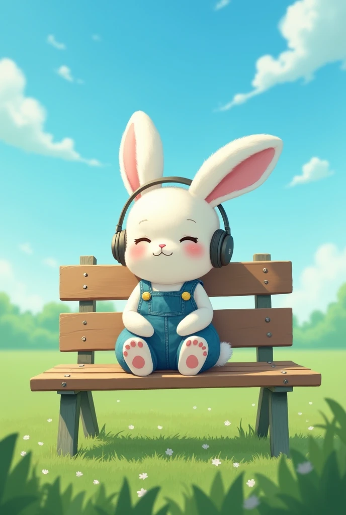 A rabbit girl wearing overalls is sitting on a bench listening to music in a park on the grassy field with a bright blue sky.