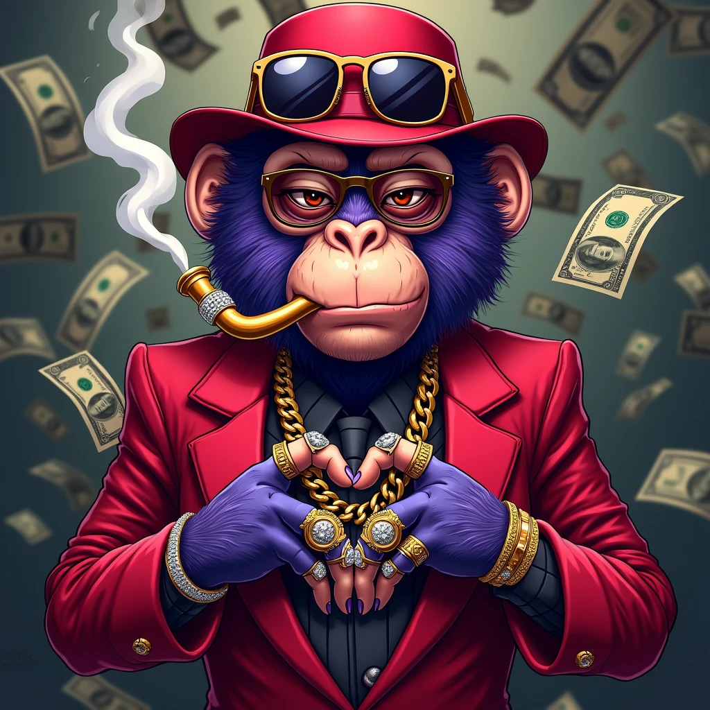 1 purple female monkey, with a red gangster suit with chains, hat and glasses, tattooed, with huge diamond and gold rings, smoking with a pipe, making a heart with both hands, with a background full of dollars