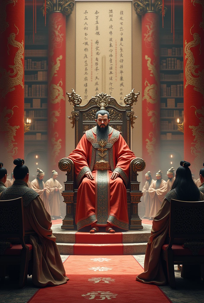 Emperor Qin Shi Huang seated on a grand throne, surrounded by alchemists, scholars, and ancient scrolls."