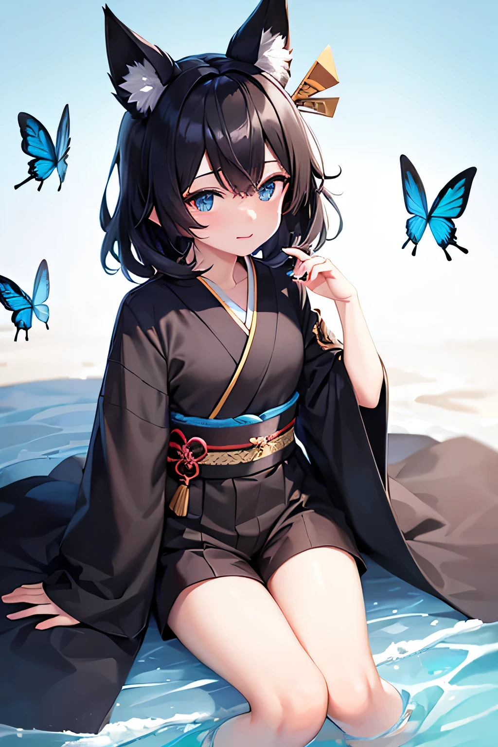 1 person,Black Hair,Appearance like a boy,Fox ears,kimono,Shorts,Unknown gender,Azure blue eyes,Slightly tanned skin,Blue butterfly motif