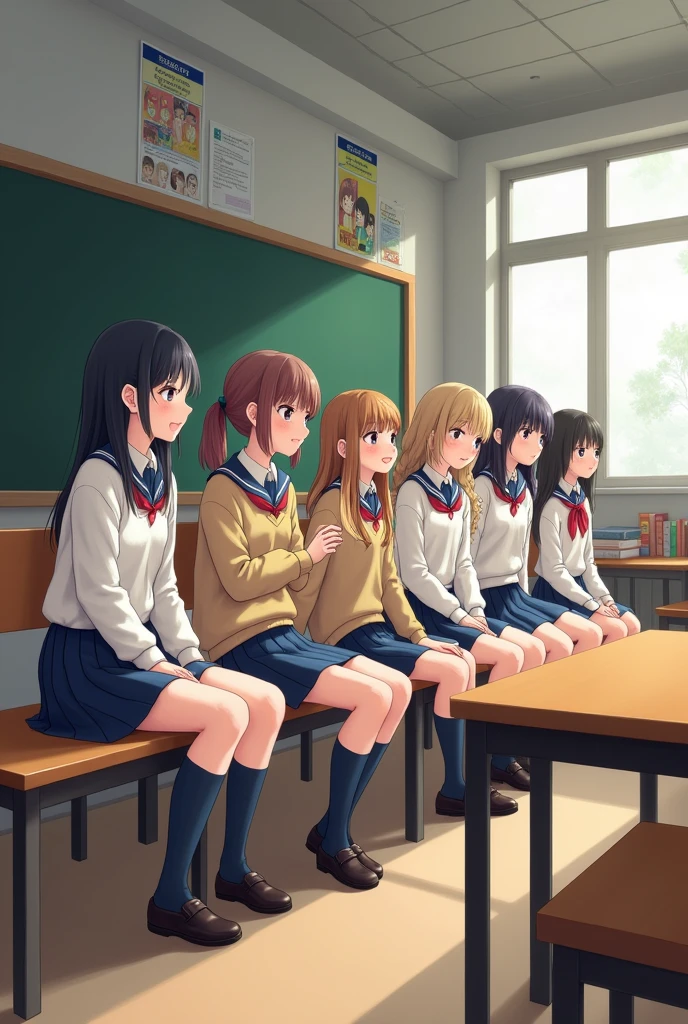 SIX girls in school dress are sitting on a bench inside a class room