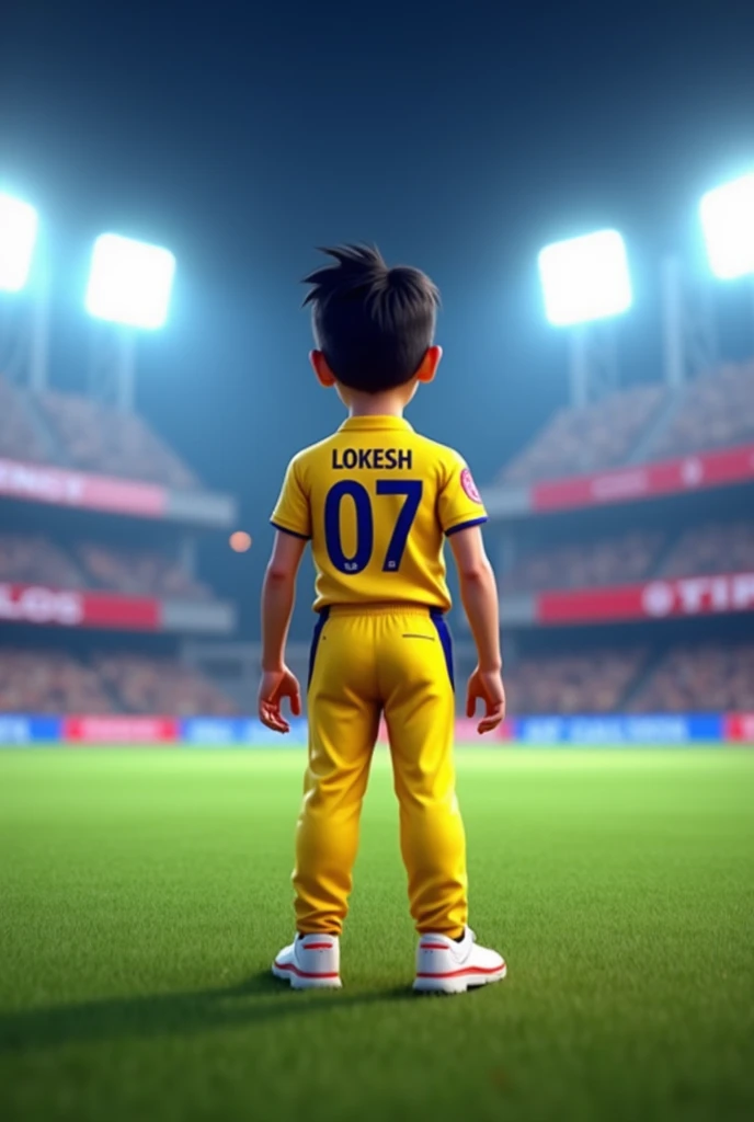 cute boy standing in cricket field, "IPL 2024" is written on his back, he is wearing jersey of CSK team, name
lokesh is written on it and jersey number is 07, lights are in background, 3d image