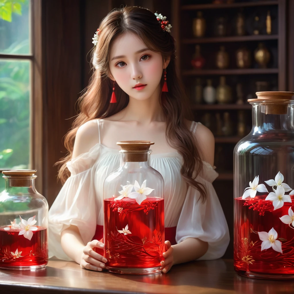 （Best quality，4K，8k，masterpiece：1.2），Super fine，（lifelike，Photo real，Photo lifelike：1.37），Girl in the glass bottle，[Vibrant colors]，[Ethereal atmosphere]， Reimu Hakurei，Brown hair，Long hair，beautiful eyes，Soft porcelain skin，Dreamy expression，Red white dress，Charming pose，Otherworldly beauty，Ethereal light。
