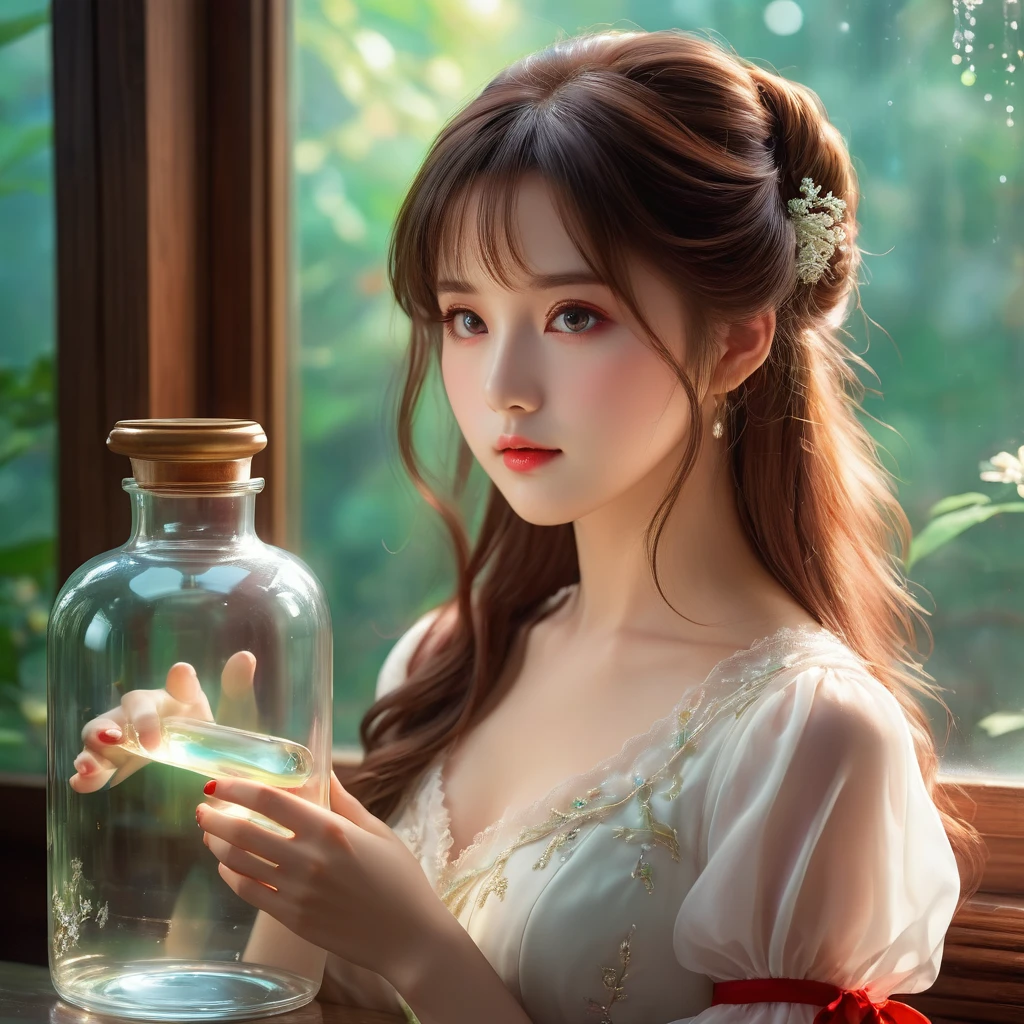 （Best quality，4K，8k，masterpiece：1.2），Super fine，（lifelike，Photo real，Photo lifelike：1.37），Girl in the glass bottle，[Vibrant colors]，[Ethereal atmosphere]， Reimu Hakurei，Brown hair，Long hair，beautiful eyes，Soft porcelain skin，Dreamy expression，Red white dress，Charming pose，Otherworldly beauty，Ethereal light。