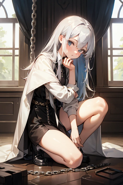 Highest quality, (undressing), (chained), (on one knee), Silver Hair