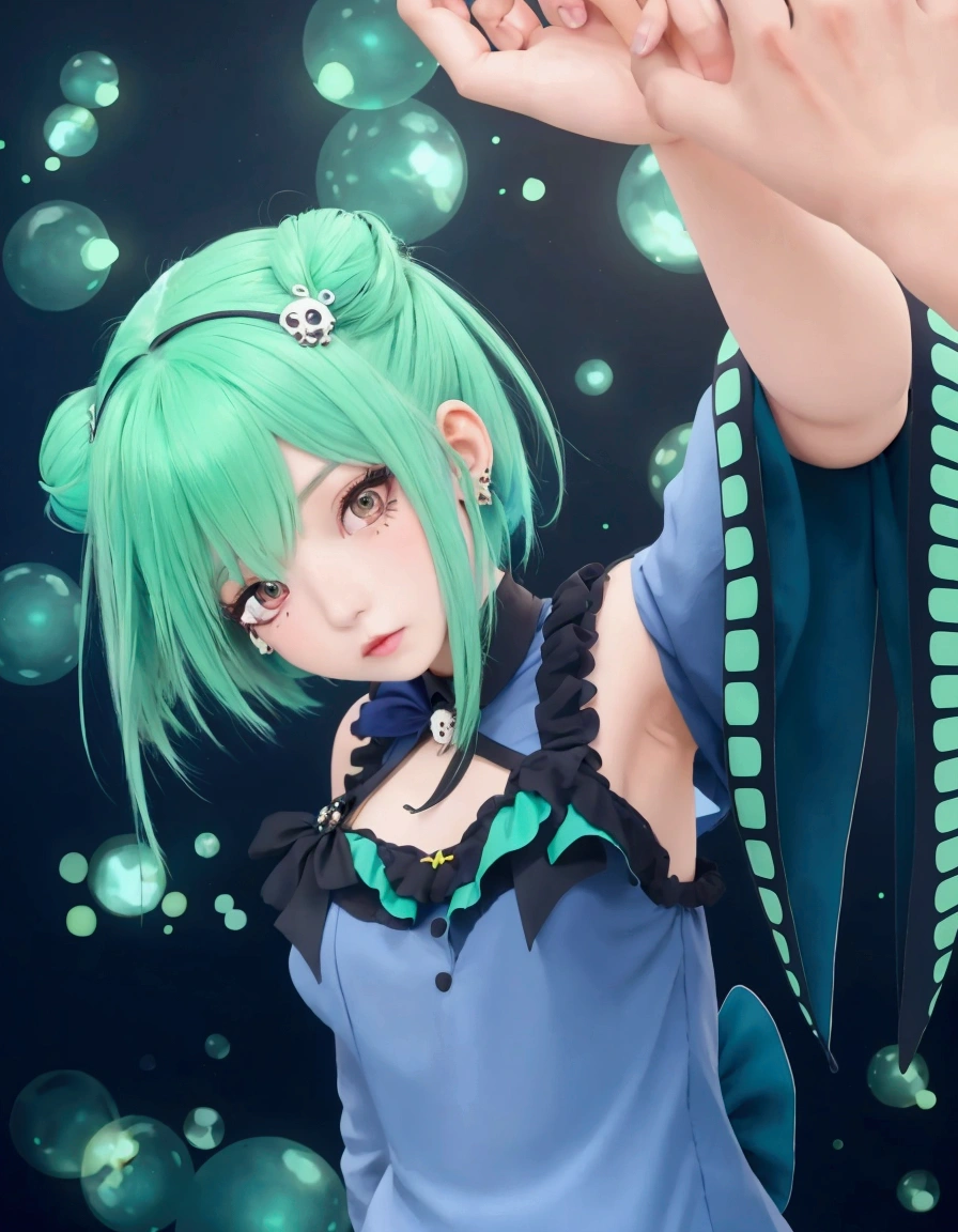 girl with green hair and blue dress holding hand, fine details. green light circle background, orange eyes, girl with teal hair, twin bun, skull hairpin in left bun, e with painter studio, mikudayo, pixiv contest winner, moe artstyle, artstyle, uruha rushia, hololive, vtuber, smooth armpit no stretch mark, smooth ear no earings, hyper realistic, real person