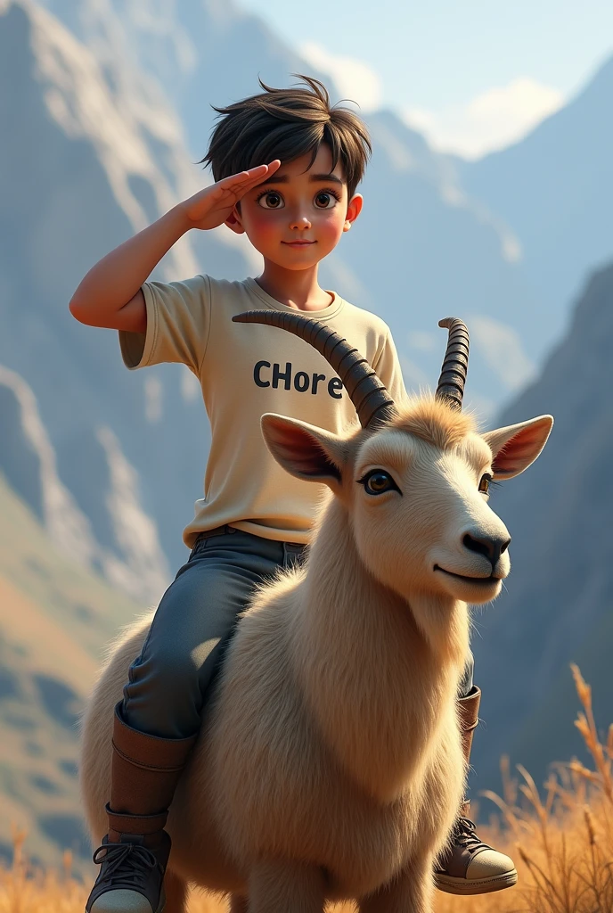 Saluting boy sitting on thar and add name to the T- shirt