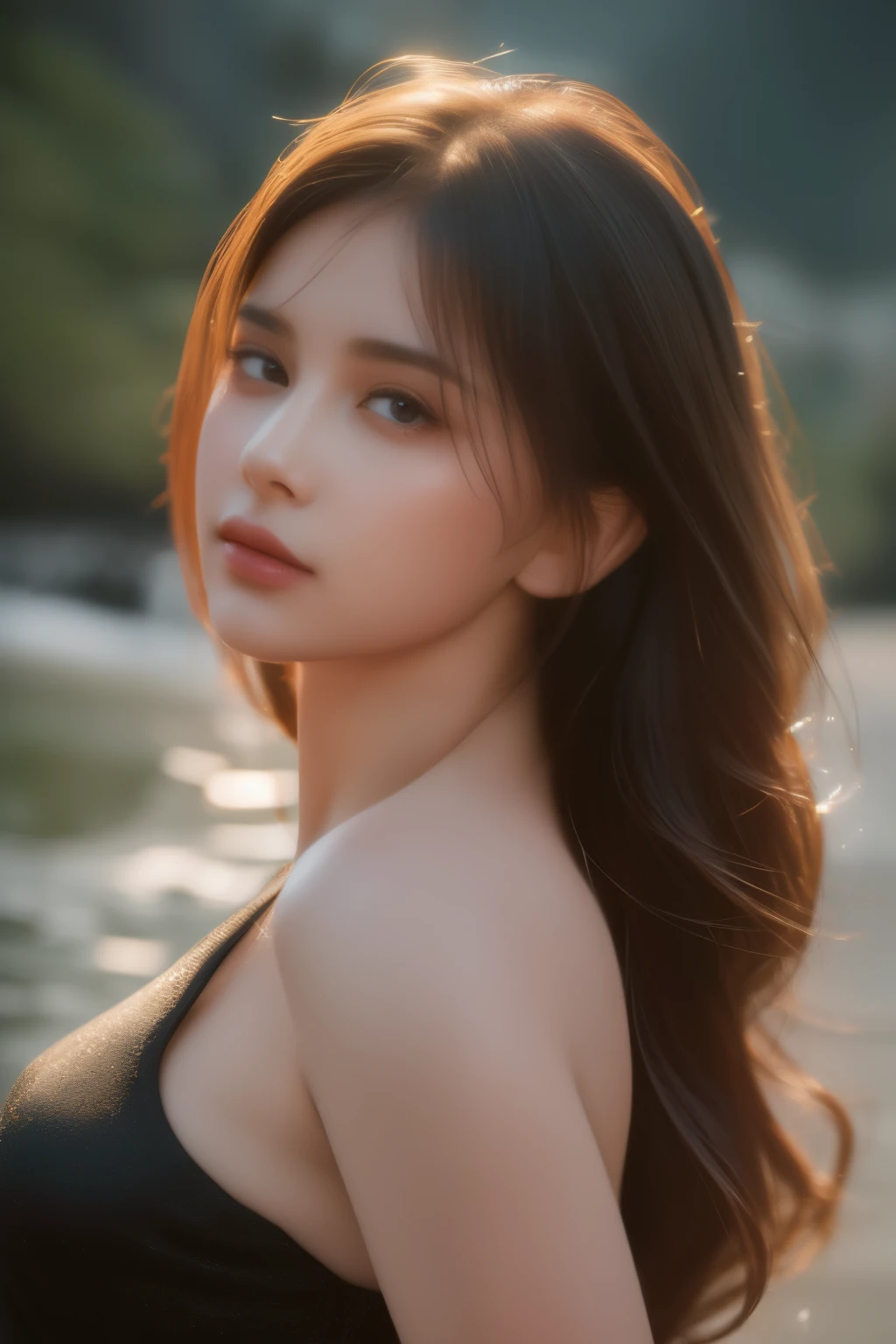 ((best quality, 8K, masterpiece :1.80))
22 year old girl, very detailed, head facing camera,
very detailed, realistic, sharp features, very detailed, sharp focus, perfect face, perfect symmetry, perfect eyes, perfect lips, flexible female body shape, cinematic, film light, very detailed. hyperrealistic, masterpiece, atmospheric, high resolution,((passionate)), dynamic studio lighting, ((river background)). sexy face, facial expression when receiving joy, straight bangs, big breasts, (Halter Top) looking at the viewer, atmospheric perspective, volumetric lighting, clear focus, absurd solution, good anatomy, (realistic, Hyperrealistic: 1.37), 16k HD, information,((full shot)).