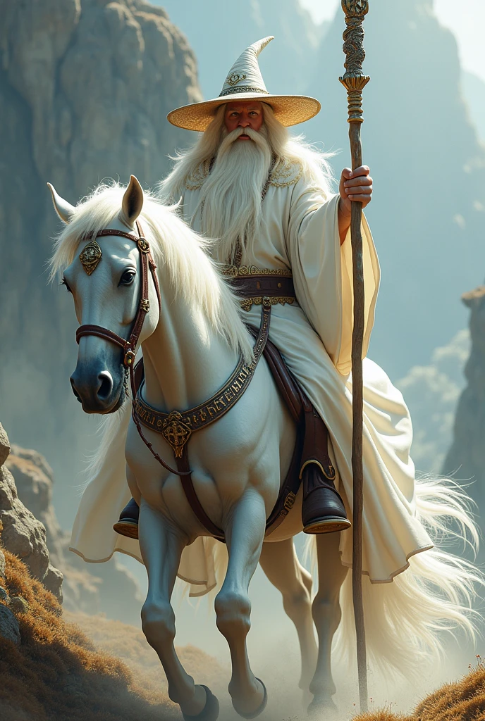 A white-robed wizard wearing a wizard's hat，Riding a white horse，Holding a long staff