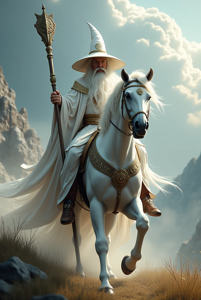 A white-robed wizard wearing a wizard's hat，Riding a white horse，Holding a long staff