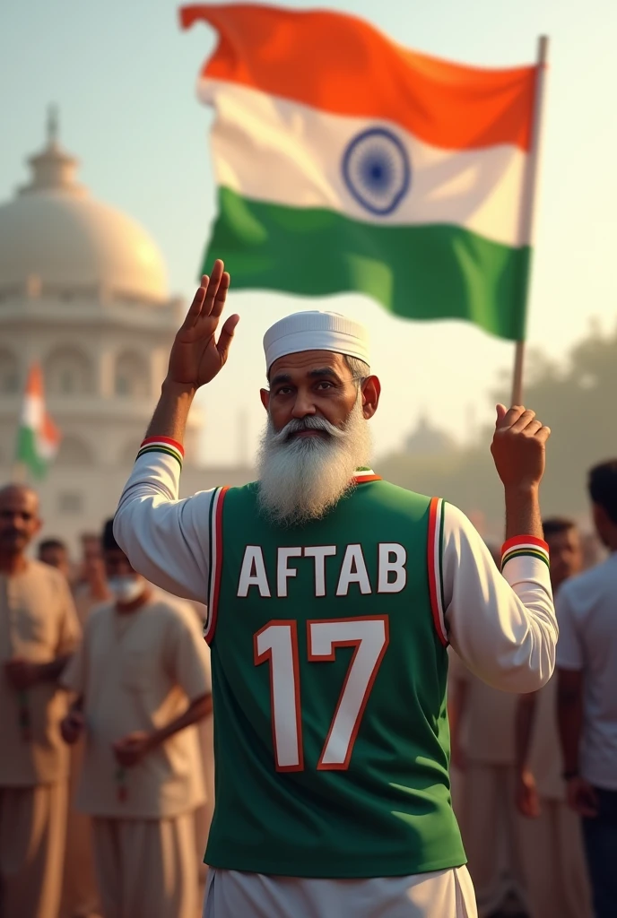 Ek mullaji Independence De Mana rahe hain aur Indian flag ko salute kar rahe hain aur unhone Jersey pahani Hui Hai Jersey per Unka Naam Aftab likha hua hai.