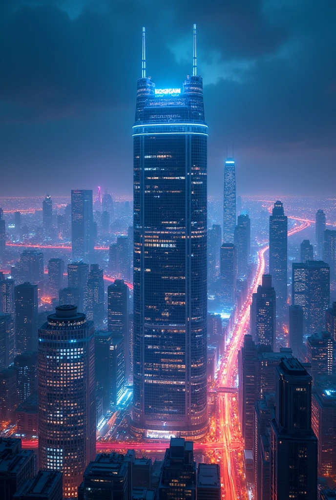 blue light, panoramic view, landscape orientation, imagine a large corporate headquarters in a busy, neon city