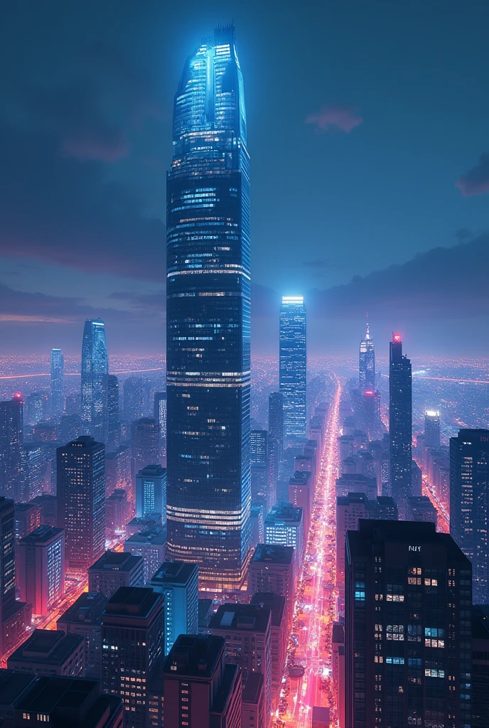 blue light, panoramic view, landscape orientation, imagine a large corporate headquarters in a busy, neon city
