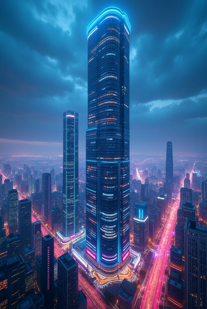 blue light, panoramic view, landscape orientation, imagine a large corporate headquarters in a busy, neon city
