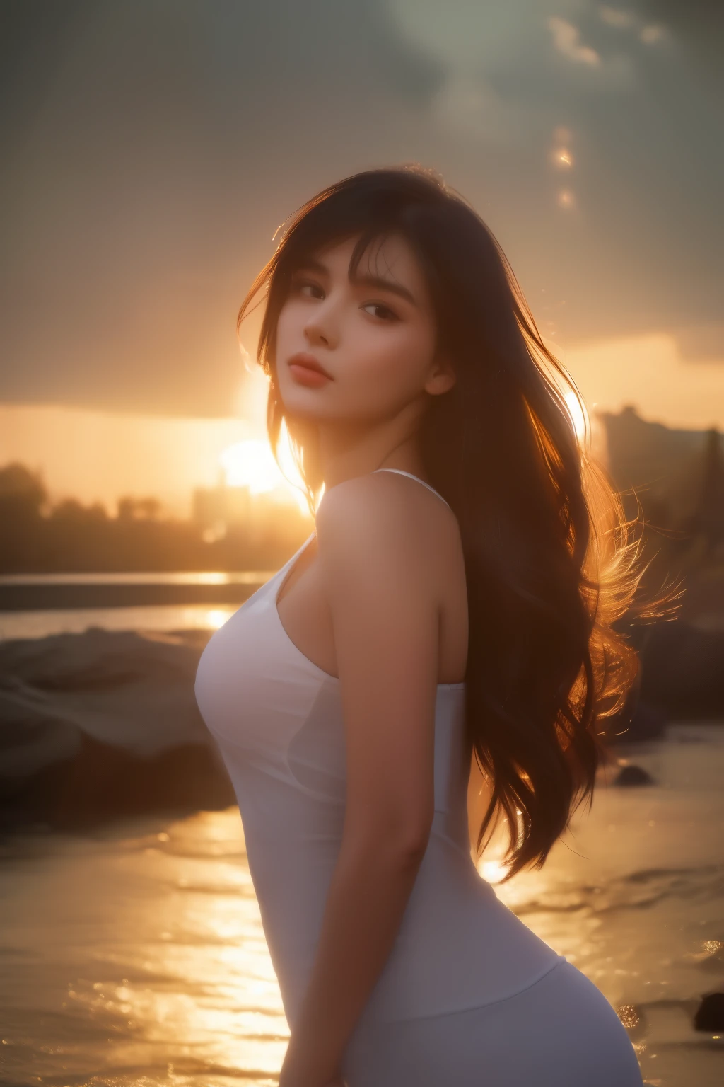 ((best quality, 8K, masterpiece :1.80))
22 year old girl, very detailed, head facing camera,
very detailed, realistic, sharp features, very detailed, sharp focus, perfect face, perfect symmetry, perfect eyes, perfect lips, flexible female body shape, cinematic, film light, very detailed. hyperrealistic, masterpiece, atmospheric, high resolution,((passionate)), dynamic studio lighting, ((river background)). sexy face, facial expression when receiving joy, straight bangs, big breasts, (Halter Top) looking at the viewer, atmospheric perspective, volumetric lighting, clear focus, absurd solution, good anatomy, (realistic, Hyperrealistic: 1.37), 16k HD, information,((full shot)).