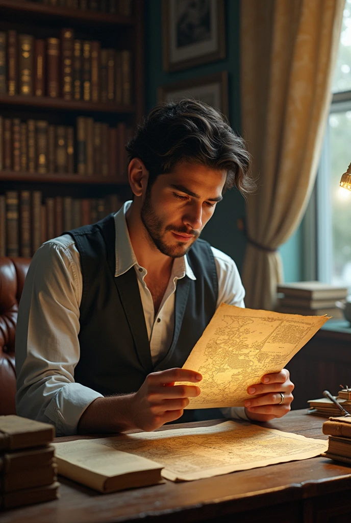 scene: Javier Mina, A young archaeologist, this in his office, surrounded by ancient books and maps. is examining an old parchment he found at an auction..