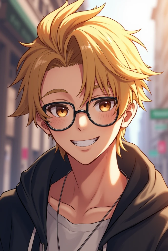 Character with features from the Genshin Impact game, masculine, blond, eyes browns, round eyeglasses, casual outfit, Grinning.