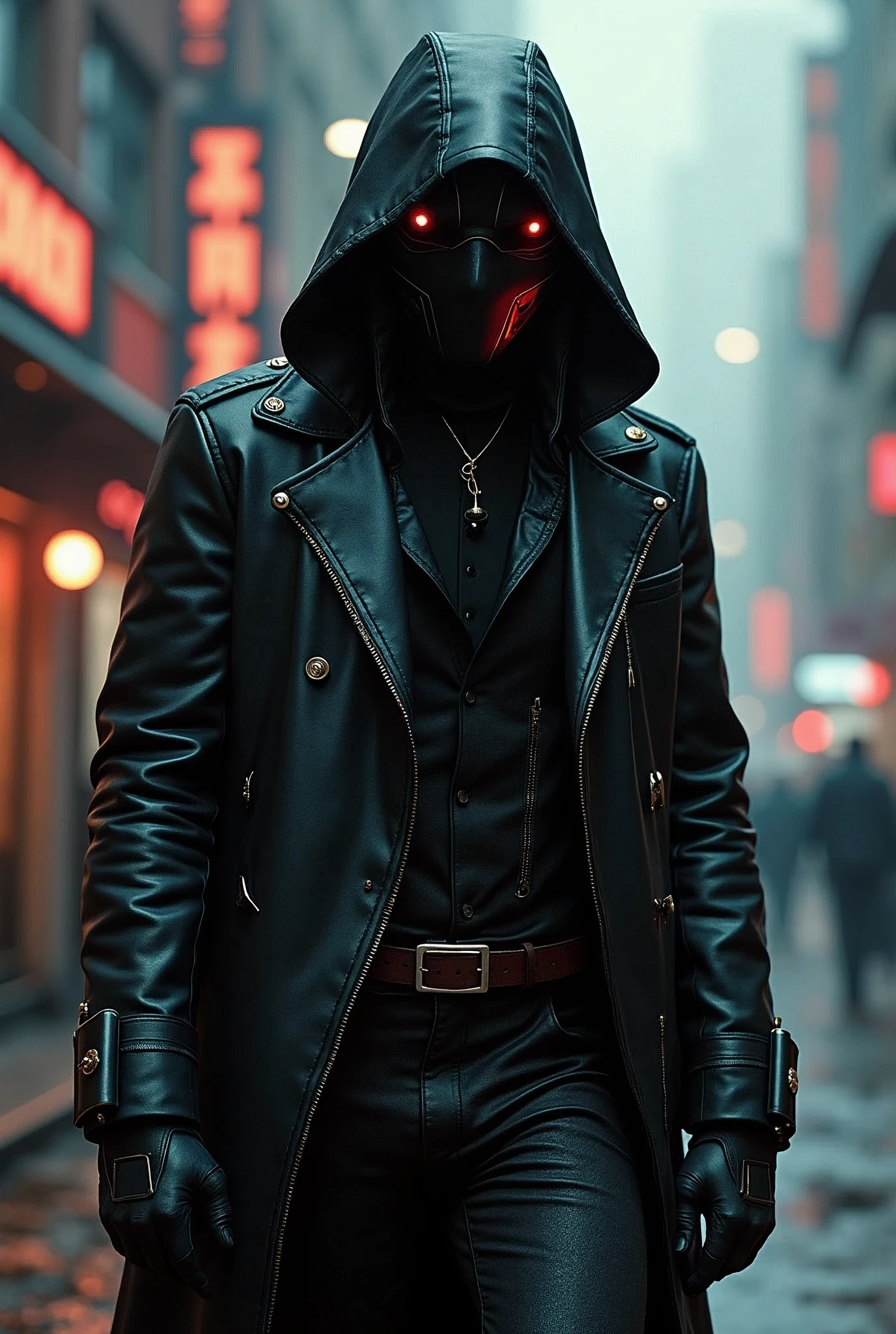 A cyberpunk Rorschach (vigilante detective). With cyber ehancements similar to a kamen rixer. He has the ability to hack and gather information from any device he can see. 