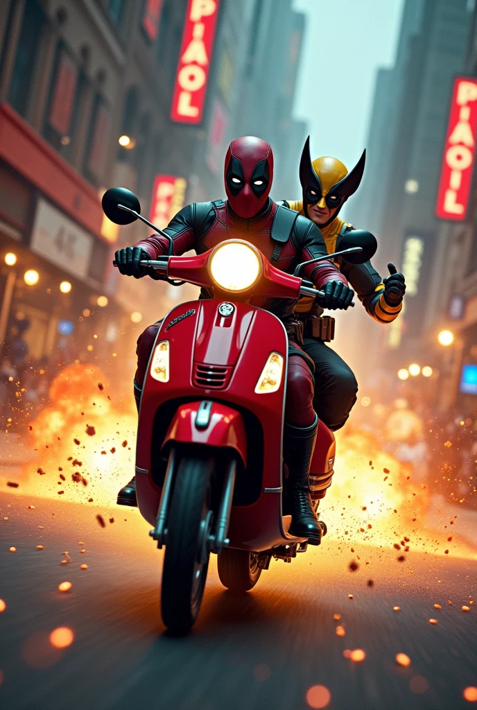 deadpool and wolverine riding vespa,wheelie,chased by police,city environment,explosion effects,bullets flying everywhere,highly detailed,cinematic,hyperrealistic,dramatic lighting,vivid colors,4k,8k,photo-realistic,cinematic composition,action scene