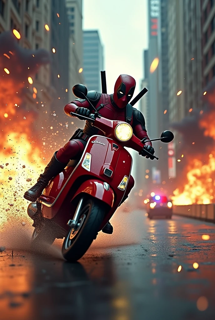 deadpool and wolverine riding vespa,wheelie,chased by police,city environment,explosion effects,bullets flying everywhere,highly detailed,cinematic,hyperrealistic,dramatic lighting,vivid colors,4k,8k,photo-realistic,cinematic composition,action scene