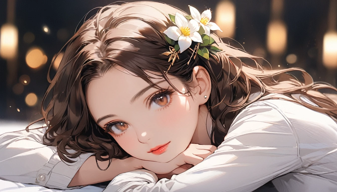 (masterpieces), (best quality), (ultra_detailed), more_details:1.5, perfect, AddNet Weight 1:1.0, Boldline,Weight 1:1.0, masterpiece, best quality, highres, alone, (masterpieces), (best quality), (ultra_detailed), more_details:1.5, perfect, AddNet Weight 1:1.0, Boldline,Weight 1:1.0, masterpiece, best quality, highres, alone, 1girl, solo, long hair, looking at viewer, brown hair, long sleeves, brown eyes, jewelry, flower, blurry, lips, depth of field, blurry background, forehead, head rest, realistic