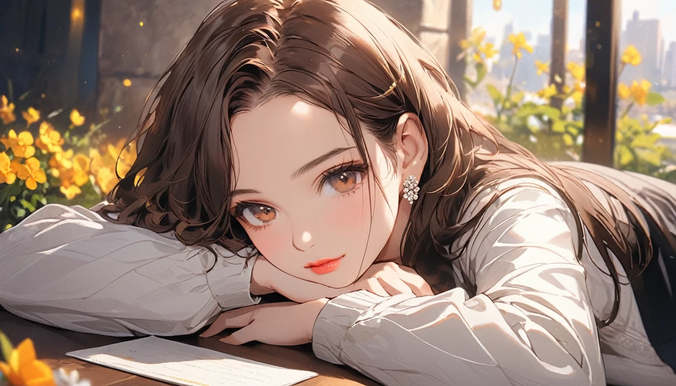 (masterpieces), (best quality), (ultra_detailed), more_details:1.5, perfect, AddNet Weight 1:1.0, Boldline,Weight 1:1.0, masterpiece, best quality, highres, alone, (masterpieces), (best quality), (ultra_detailed), more_details:1.5, perfect, AddNet Weight 1:1.0, Boldline,Weight 1:1.0, masterpiece, best quality, highres, alone, 1girl, solo, long hair, looking at viewer, brown hair, long sleeves, brown eyes, jewelry, flower, blurry, lips, depth of field, blurry background, forehead, head rest, realistic