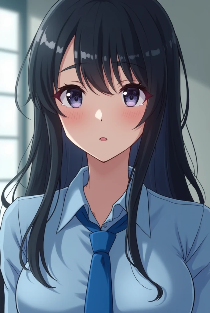 There is a woman with long hair wearing a blue tie., Photorealistic anime girl render,Realistic photo,There is a woman wearing a blue tie and a blue shirt., Chiho, shikamimi, My motto is Teshirogi, Yoshitomo Nara, kimi takemura, Yasumoto Oka, Ishida Sui with black hair, Kotegawa Yui, narumi kakinouchi, Portrait of Mayuri Shiina,Detailed face and body, Natural light, High resolution, photoRealistic, (Highest quality,8k,High resolution,masterpiece:1.2),Very detailed,(Realistic,photoRealistic,photo-Realistic:1.37),Realistic skin texture,Fine eyes and lips,Beautifully detailed face,Long eyelashes,Smooth Skin