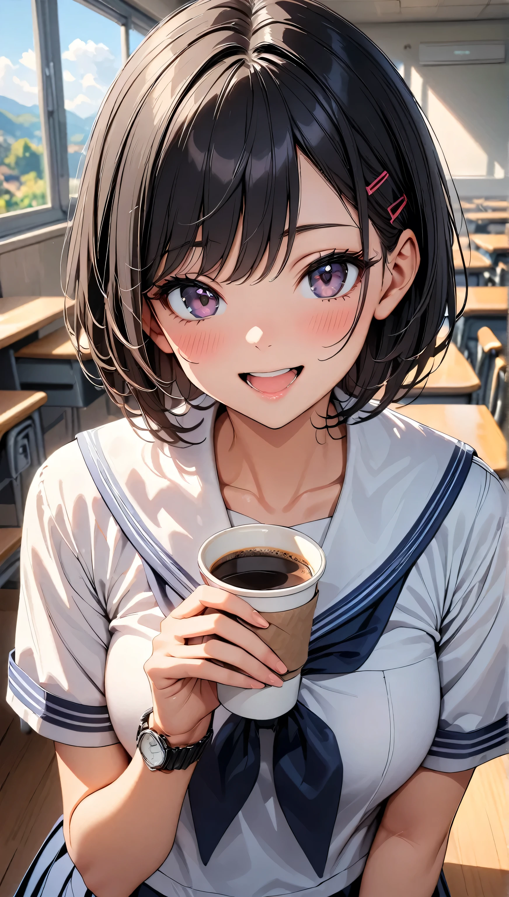 Photo of, 1 person, Black Hair, Shortcuts, Hair Clip,Watch viewers embarrassedly, School uniforms, Sailor suit, classroom,Window:1.2, blush, (Coffee cup in hand):1.4, smile, Open your mouth a little, Light and shadow with attention to detail, Background Blur:1.2, Shallow depth of field, (Highest quality:1.2, 4K, 8k, Very detailed, Attention to detail, masterpiece:1.2, Best aesthetics),