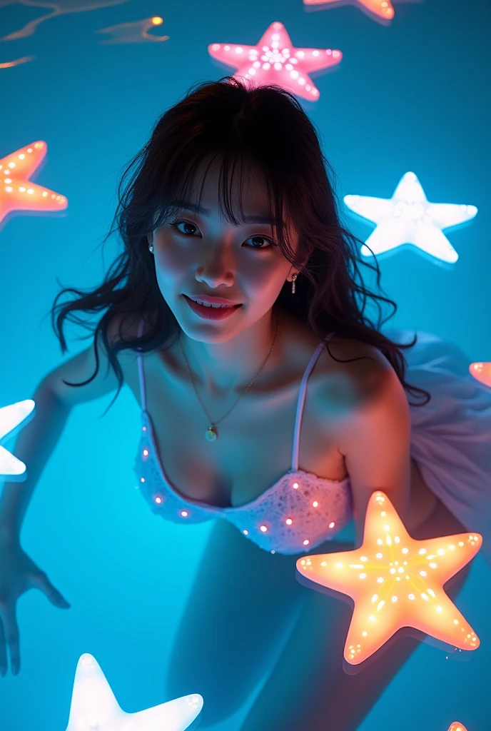 ultra HD,32k,face,entangled by glowing colorful huge star fishs, night,pool,RAW photo,ultra realistic photo,beautiful Japanese idol,kawaii,vivid, grow, ,big eyes,detailed skin,clavicle,wavy and medium hair,detailed bikini with geometrc print,floating in pool,necklace,earrings,detailed shadow,gravure,wistful smile, looking at viewer,colorful lighting, surreal