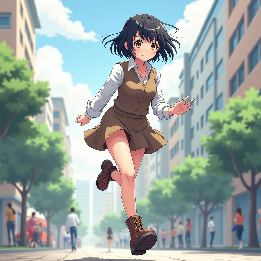 ((masterpiece, Highest quality; 1.3)), Highest quality, Beautiful details, Very detailed, Ultra-fine, 16K, Exquisite, disorganized person, High resolution, Beautiful background, Detailed Background, Beautiful Eyes, Beautiful Skin, Anime Style, Real Stick, Very detailed, Very detailed, Detailed Lora,High resolution, Detailed face, Perfect Face, fine grain, Perfect Eyes, Expressive eyes, Perfect Anatomy, (Annie キックing the audience), 1 person, alone, Please open your mouth wide, Annie, short hair, Fluttering Hair, Black Hair, iris, White shirt, Brown vest, Brown mini skirt, Brown boots, Running around town、Jump、Parkour