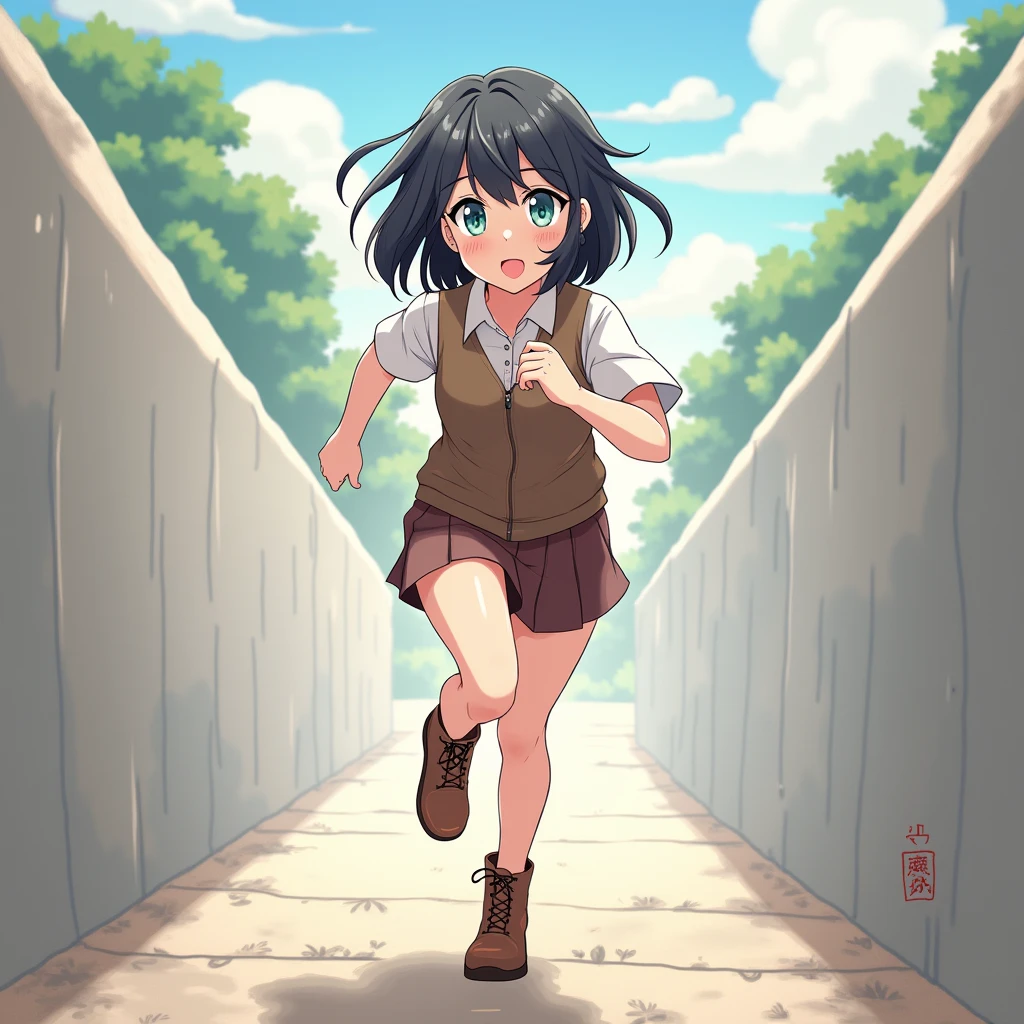 ((masterpiece, Highest quality; 1.3)), Highest quality, Beautiful details, Very detailed, Ultra-fine, 16K, Exquisite, disorganized person, High resolution, Beautiful background, Detailed Background, Beautiful Eyes, Beautiful Skin, Anime Style, Real Stick, Very detailed, Very detailed, Detailed Lora,High resolution, Detailed face, Perfect Face, fine grain, Perfect Eyes, Expressive eyes, Perfect Anatomy, (Annie キックing the audience), 1 person, alone, Please open your mouth wide, Annie, short hair, Fluttering Hair, Black Hair, iris, White shirt, Brown vest, Brown mini skirt, Brown boots, Running around town、Jump、Parkour