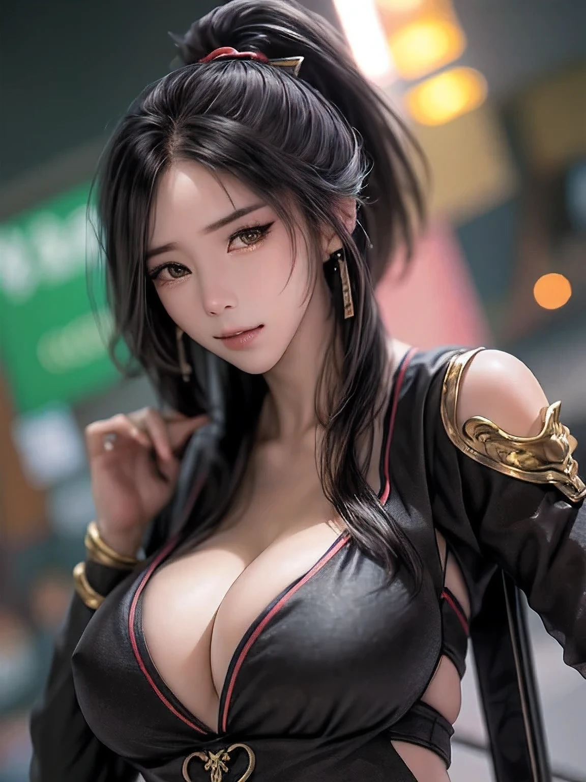 ((Highest quality)), ((masterpiece)), Simple Background,(Very intricate details), 1 person,Woman close up,20-year-old,ponytail,Long Hair,((logic)),Bikini Armor,Zippered top with an open chest,Pleated skirt,European,Cleavage,Ample breasts,(((Big Breasts))),Fantasy,anime,Simple Background,Gauntlet,Waist Armor,Warrior