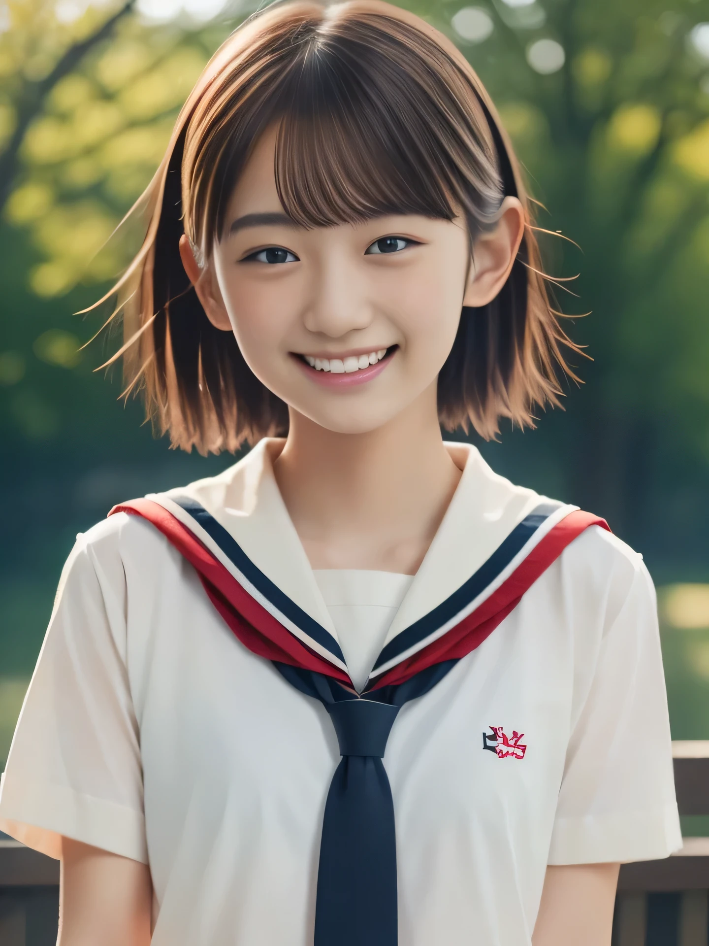 photorealistic, ultra-detailed, (best quality, 8k, 32k, masterpiece, UHD:1.2), Photo of yo Pretty Japanese school girl, white shirt, red necktie, flat chest, short hair, grin,