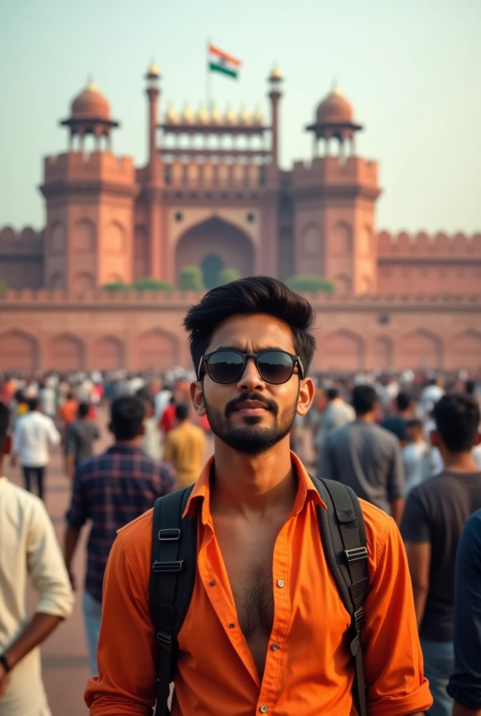Indian young boy with beard and sunglasses independence day morning time all viwe lal kila realistic man skinny man