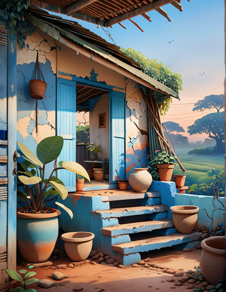 wide view, indian hut, cracked walls, blue faded paint, stairs, banyan tree outside, blue pinkish sky, evening time, earthy tones, clothes hanging on wire, windy, plant pots outside, old broken small gate, mud verandah, shed, cozy atmosphere, micro landscape, intrinsic details, masterpiece