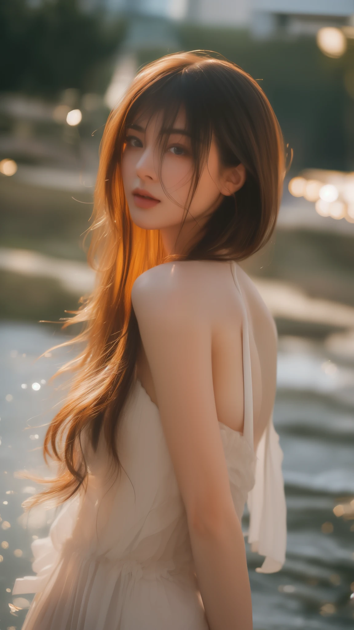 ((best quality, 8K, masterpiece :1.80))
22 year old girl, very detailed, head facing camera,
very detailed, realistic, sharp features, very detailed, sharp focus, perfect face, perfect symmetry, perfect eyes, perfect lips, flexible female body shape, cinematic, film light, very detailed. hyperrealistic, masterpiece, atmospheric, high resolution,((passionate)), dynamic studio lighting, ((river background)). sexy face, facial expression when receiving joy, straight bangs, big breasts, (Halter Top) looking at the viewer, atmospheric perspective, volumetric lighting, clear focus, absurd solution, good anatomy, (realistic, Hyperrealistic: 1.37), 16k HD, information,((full shot)).