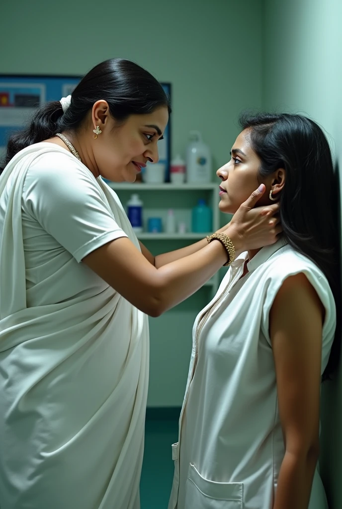 Mamta banarjee in white saree pressing neck of a female doctor with 1 hand with evil look in her eyes side view