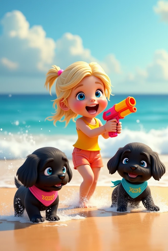 1 blonde girl, 2 adorable black shih tzu puppies with big blue eyes wearing a colorful collar and bandana playing with water guns at beach 3D Pixar style