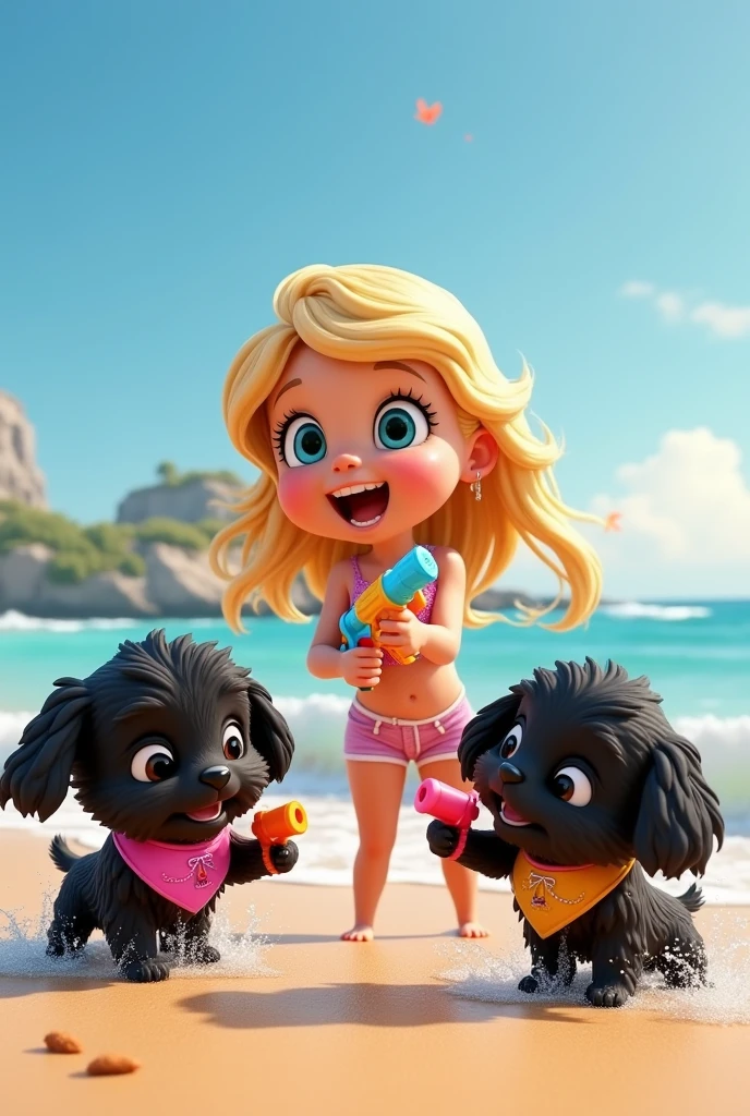 1 blonde girl, 2 adorable black shih tzu puppies with big blue eyes wearing a colorful collar and bandana playing with water guns at beach 3D Pixar style