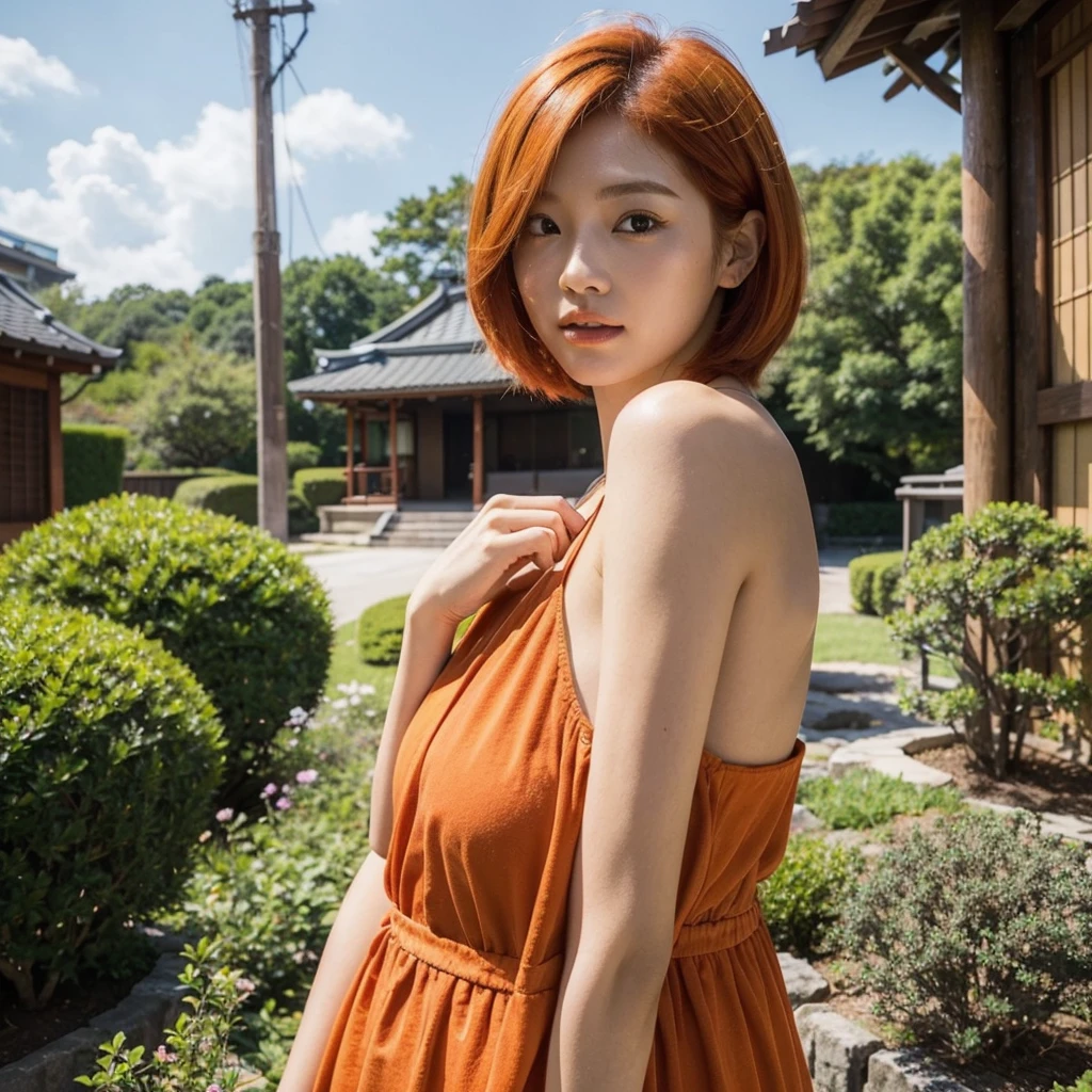 Model actress、One Woman、Singer-songwriter、cute、Japanese beauty、Upper Body、Bright orange hair colour、short hair、Outdoor