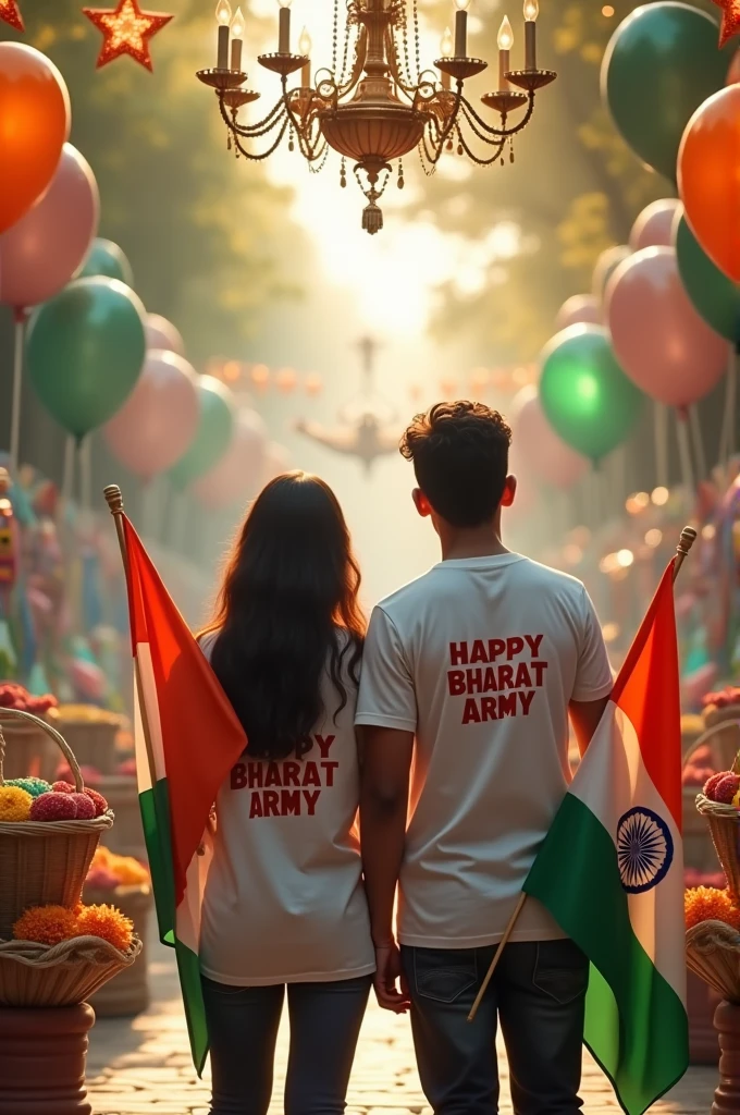 Create a realistic image of a 27-year-old couple wearing Bharat Army t-shirts—his labeled “Sagar” and hers “jyoti”—holding a basket with the national flag of India. Both hold Indian flags, surrounded by balloons and a chandelier. Above them, a roadside poster reads “Happy Independence Day 15 August 2024.” The image should be highly detailed, with a holographic effect, capturing the festive spirit in high quality.