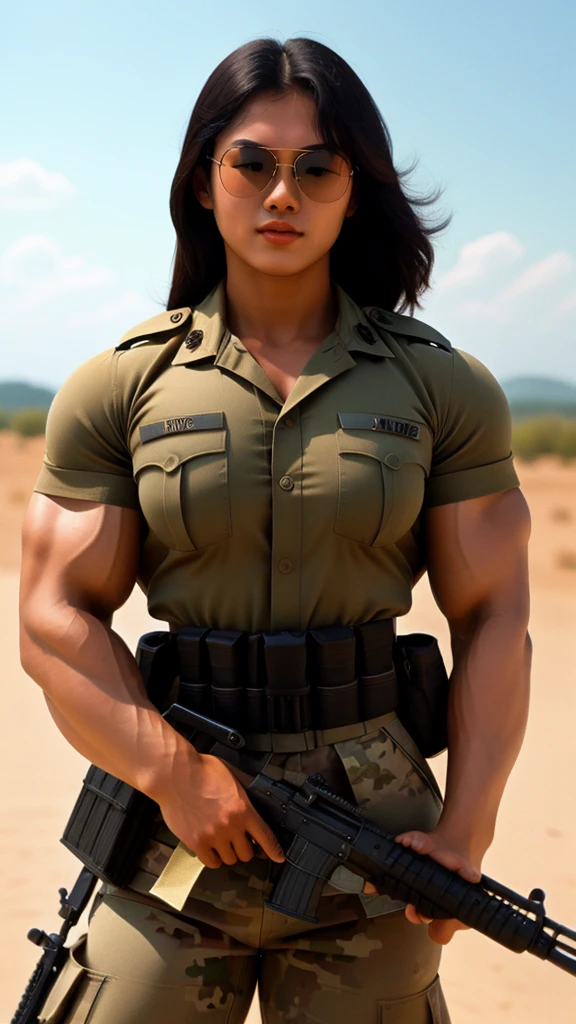 ((best quality)), ((masterpiece)), (detailed), perfect face, ((best quality)), ((masterpiece)), (detailed), perfect face, Super detailed, (((Ultra Quality High detailed))), An beautiful dark skin asian women, ,adult, Wolf cut-hair, ((Wolf cut short haired style)), Seductive face, ((Face detailed)), Breasts (((Breasts))), ((Huge breasts, Breasts glistening in oil)), (((Naked breasts))),Rounded breasts shape, Breasts, ((Perky breasts)),(((full rounded breasts))), (((Round Breasts shape))), (((Large rounded breasts))), ((Full large rounded breasts)), ((Naked breasts)), Nipples, (((Nipples))), Nipples areolas, ((Very Dark-Brown nipples hue))), Perfect Fit body with sweat, ((sweaty appearance)), (((glistening in sweat appearance)), (((Strong appearance))), (((Muscular appearance))),((Fitness body)), ((muscular body)), ((( muscular firm body)), ((Toned appearance)), ((Toned body)), (((Abs))), ((Muscular Abs)),Abs, Six-pack abs, ((Oiled-up abs, Abs glistening in oil)), (((Six-pack muscular abs))), wear Military shirt, ((Green Camo Military shirt sleeve)), (((unbuttoned shirt sleeve))), she Wearing Military pants, (((Green Camo Military pants))), (((Military pants))), ((fully unzipped military pants)), Golden necklaces jewelry and red ruby jewelry at neck, (((elegant necklaces))), bracelet at wrists, (((Bracelet))), (((hands behind back as look at viewer))), ((stand pose)), ((Inside military Outpost with Military Radio and equipment on desk and A rainforest outside with river in below and far away, The sky is raining outside as a background)), ((Background room detailed))